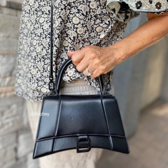 Balenciaga Handbags - SOLD Balenciaga Hourglass Matte Black Small Shiny Leather Top Handle Bag